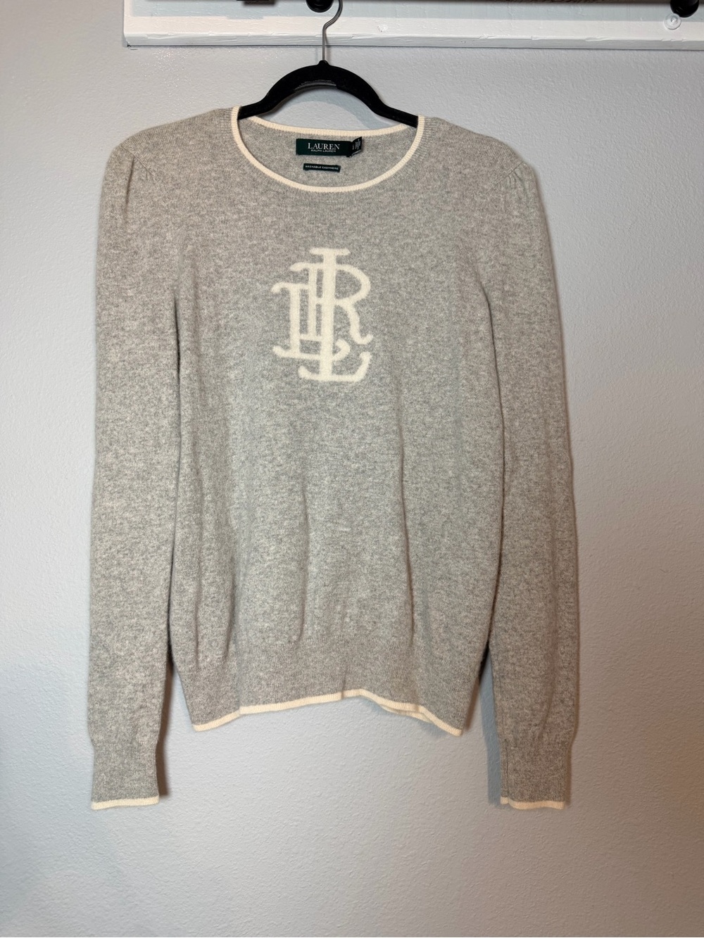 Lauren Ralph Lauren LRL Women's Monogrammed Washable Cashmere Sweater Large Gray - Picture 2 of 6